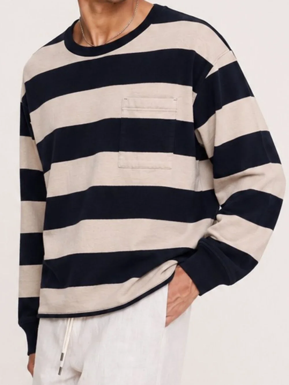 Banana Republic Men's Heavy Jersey Navy Preppy Stripe Boxy Pullover Shirt
